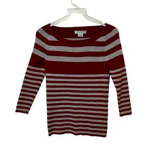 Liz Claiborne Long Sleeve Scoop Neck Red Stripe Top Woman Petite Small PS 1536